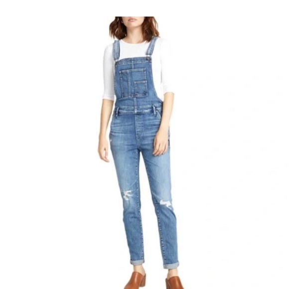 New Silver Jeans Overalls Distressed Light Wash Denim Stretch Sz 28 Carpenter - Picture 1 of 7